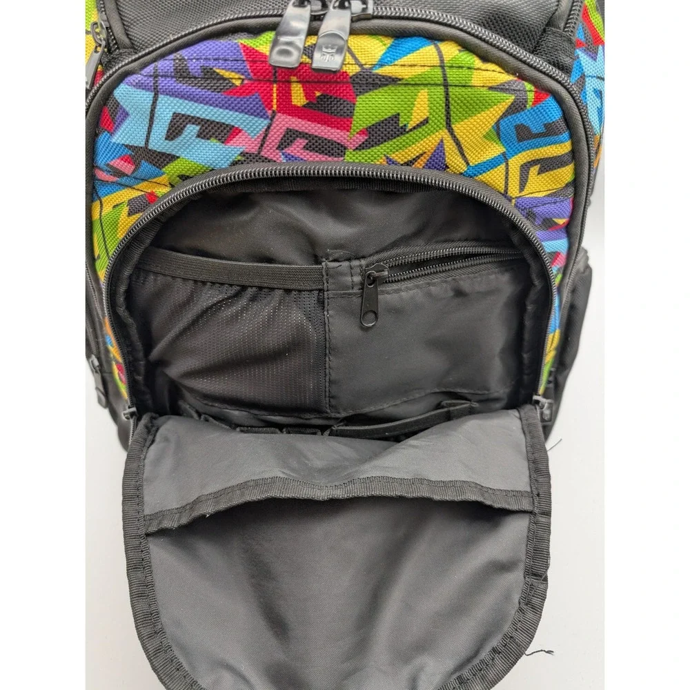 Reign Total Body Fuel Backpack Black Multicolored Graffiti Print Gym Travel Bag